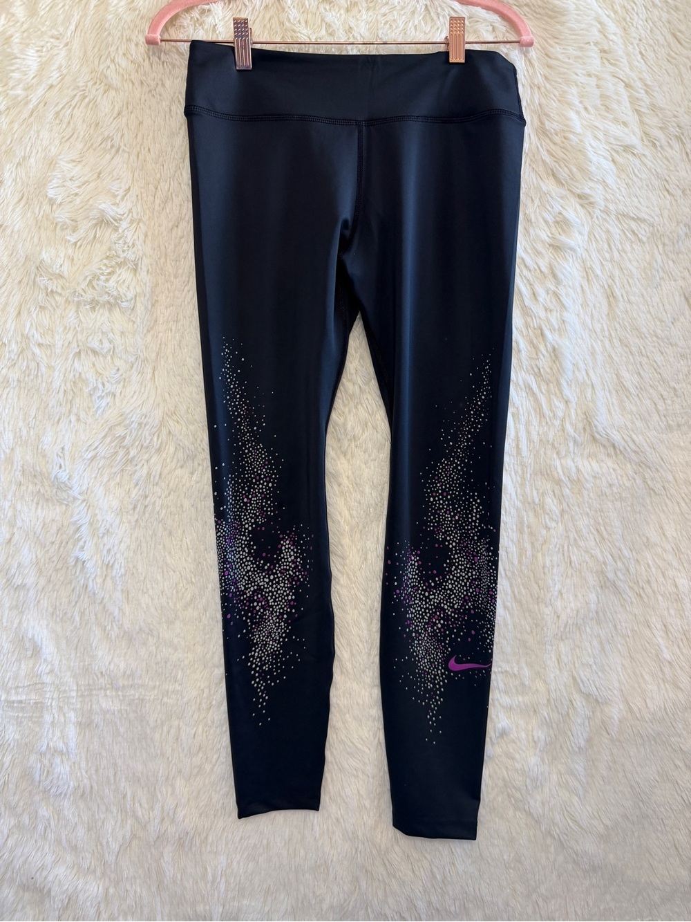 Nike Womens Dri-Fit Leggings Size L Black Pink Swoosh Logo Yoga Gym Activewear